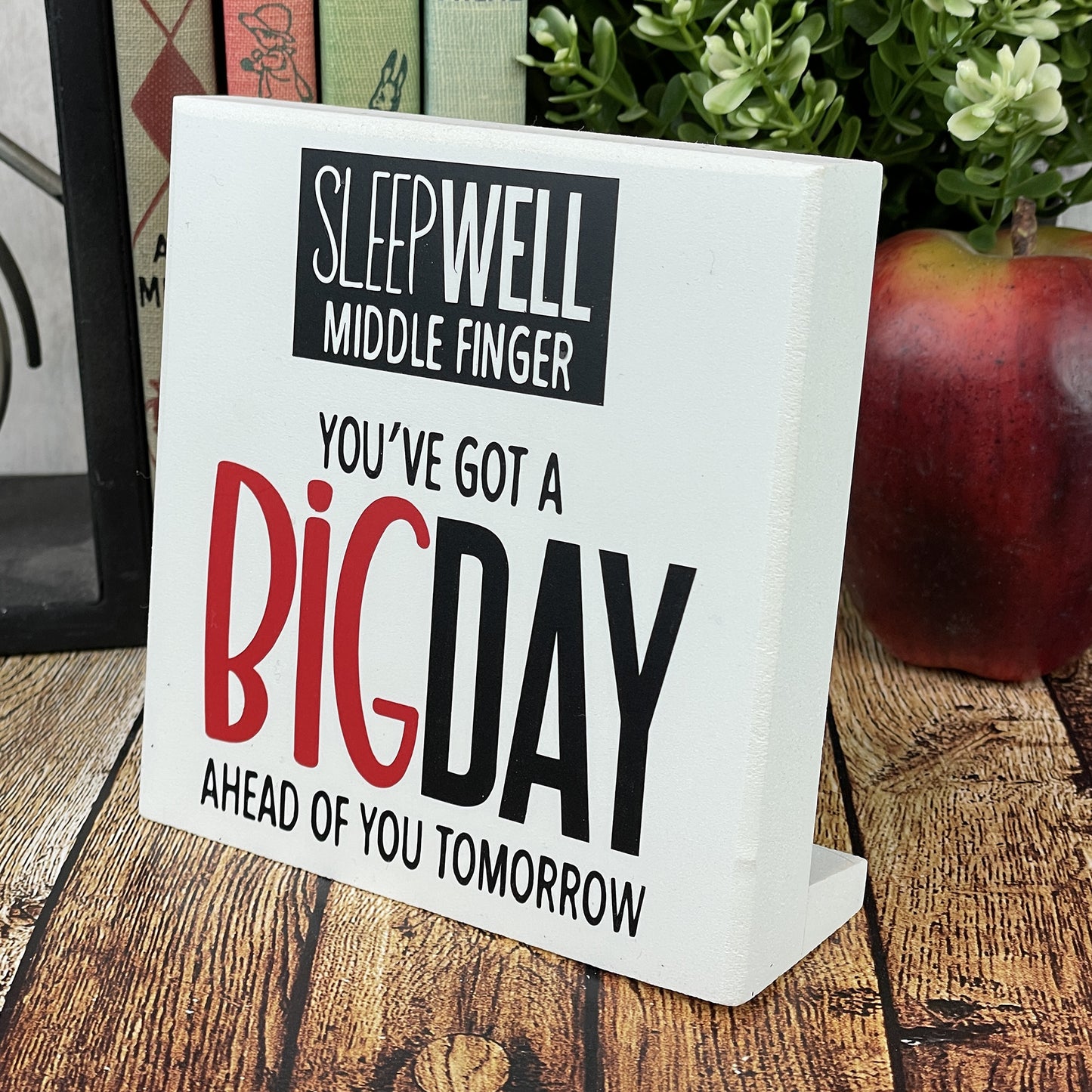 Sleep Well Middle Finger. You've Got A Big Day Tomorrow — Desktop Sign — Sits on Shelf, Desktop or Counter