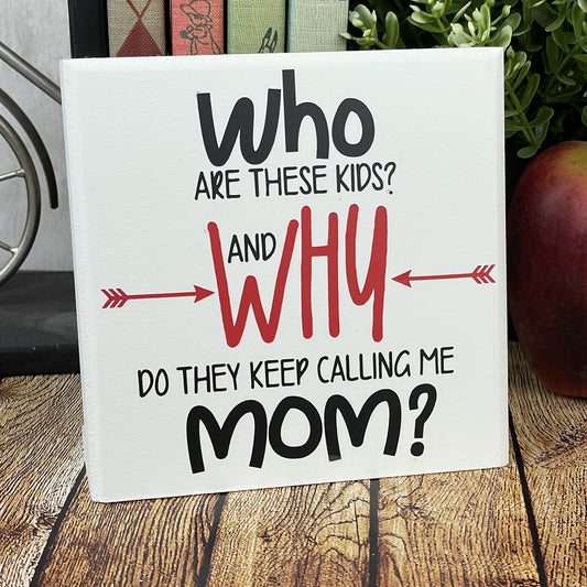 Who Are These Kids And Why Do They Keep Calling Me Mom — Funny Parenting Sign —Sits on Shelf, Desktop or Counter